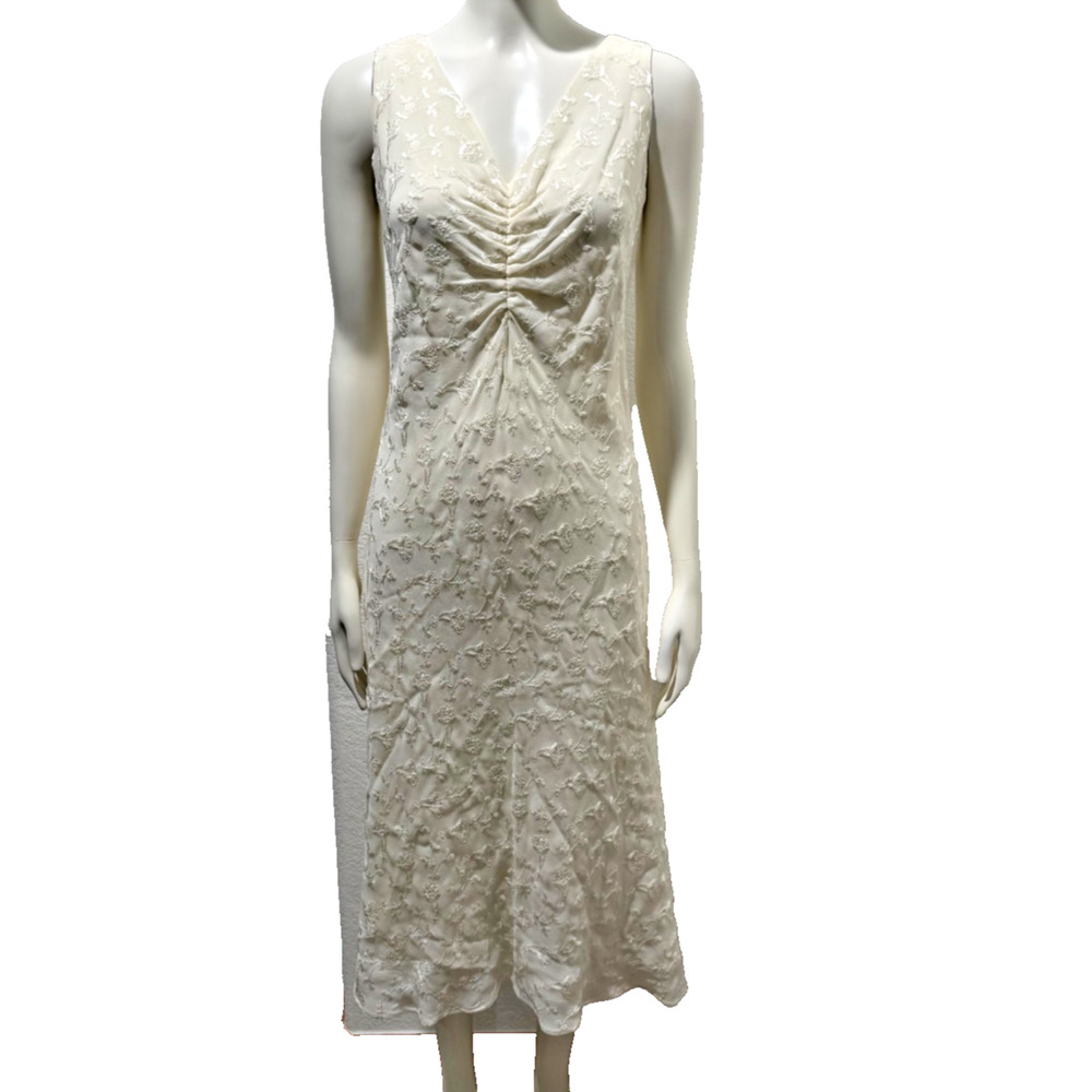 90s Y2K Chiffon Fairy Dress S Romantic Cream Embroidered Floral Midi Babydoll